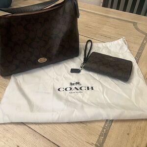 Coach Dark Brown Signature Bag and Wristlet